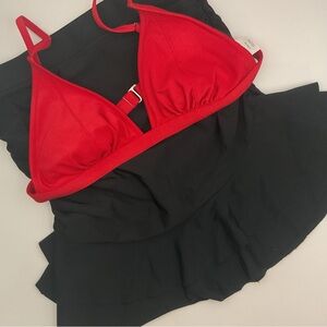 Red Bikini Top L 12/14 Ruched Highwaist Swim Skirt Black Bottoms  2 Pc Swimsuit